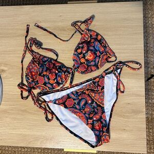 Paisley Tie-Side Bikini Set - Navy with Red & Orange Floral Print